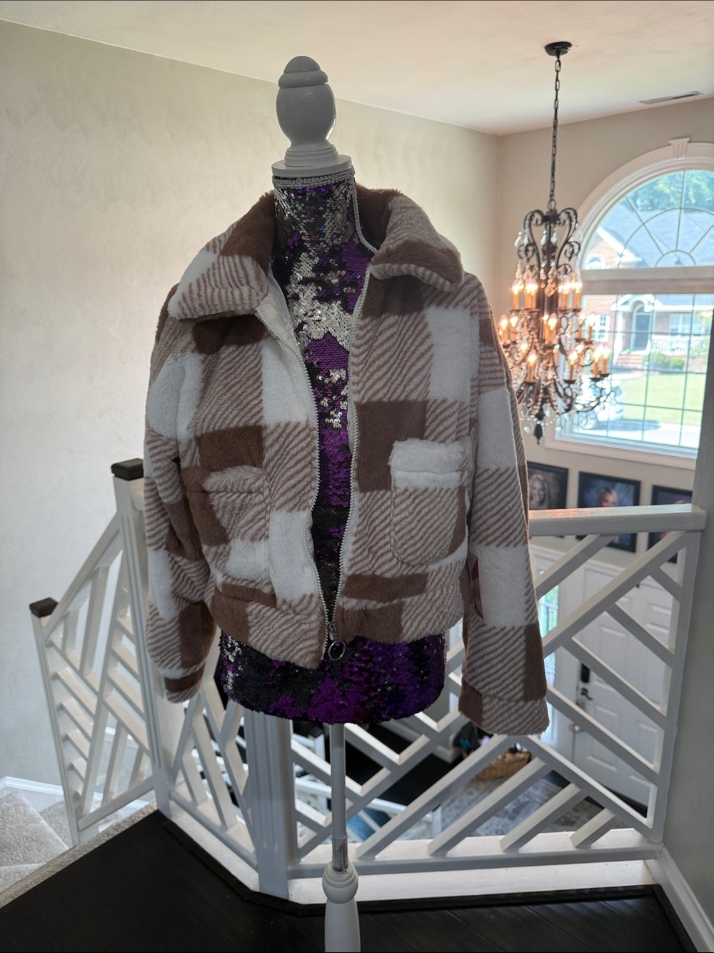 Ci Sono Brown & Cream Plaid Teddy Zip Jacket